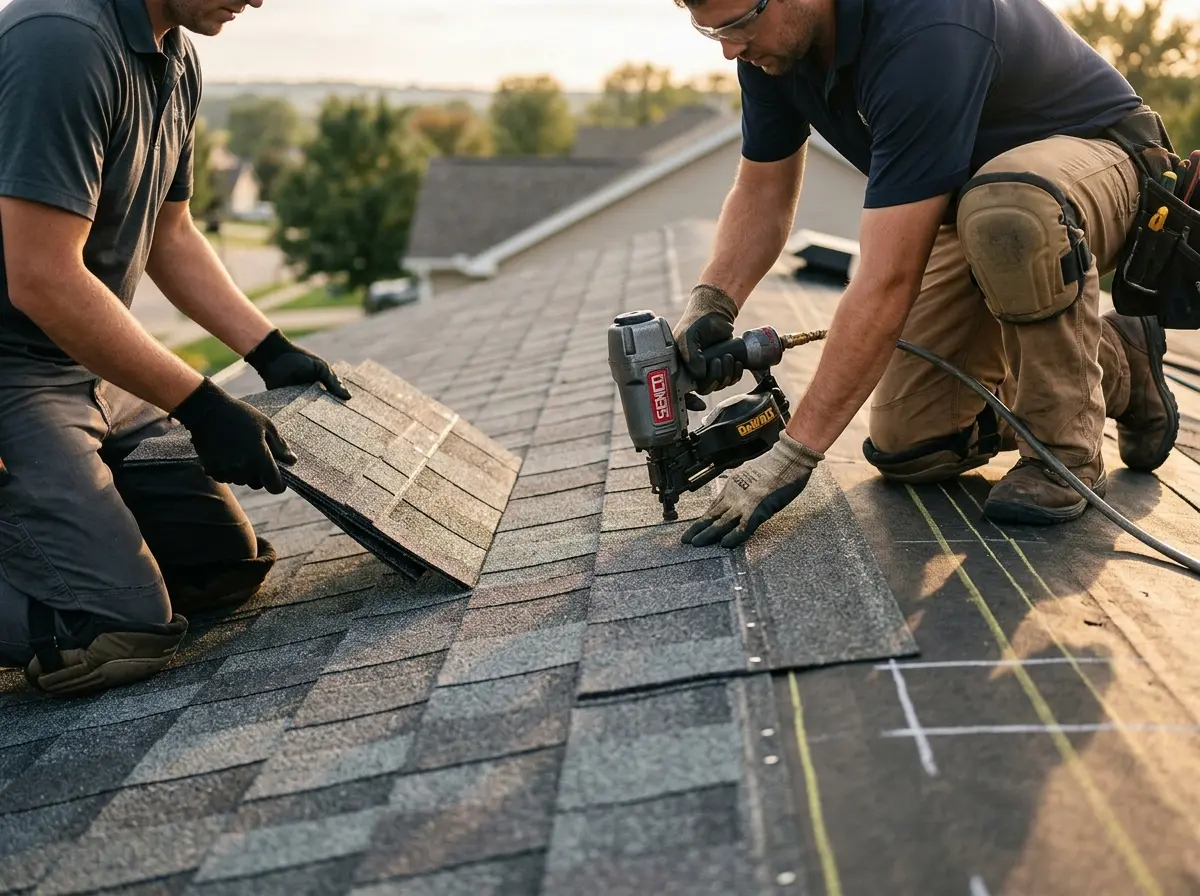Professional roofer working on a residential roof in Belvedere